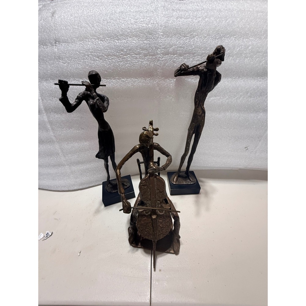Brutalist Metal Musician Sculptures Trio Flutist Violinist Cellist Bronze Tone